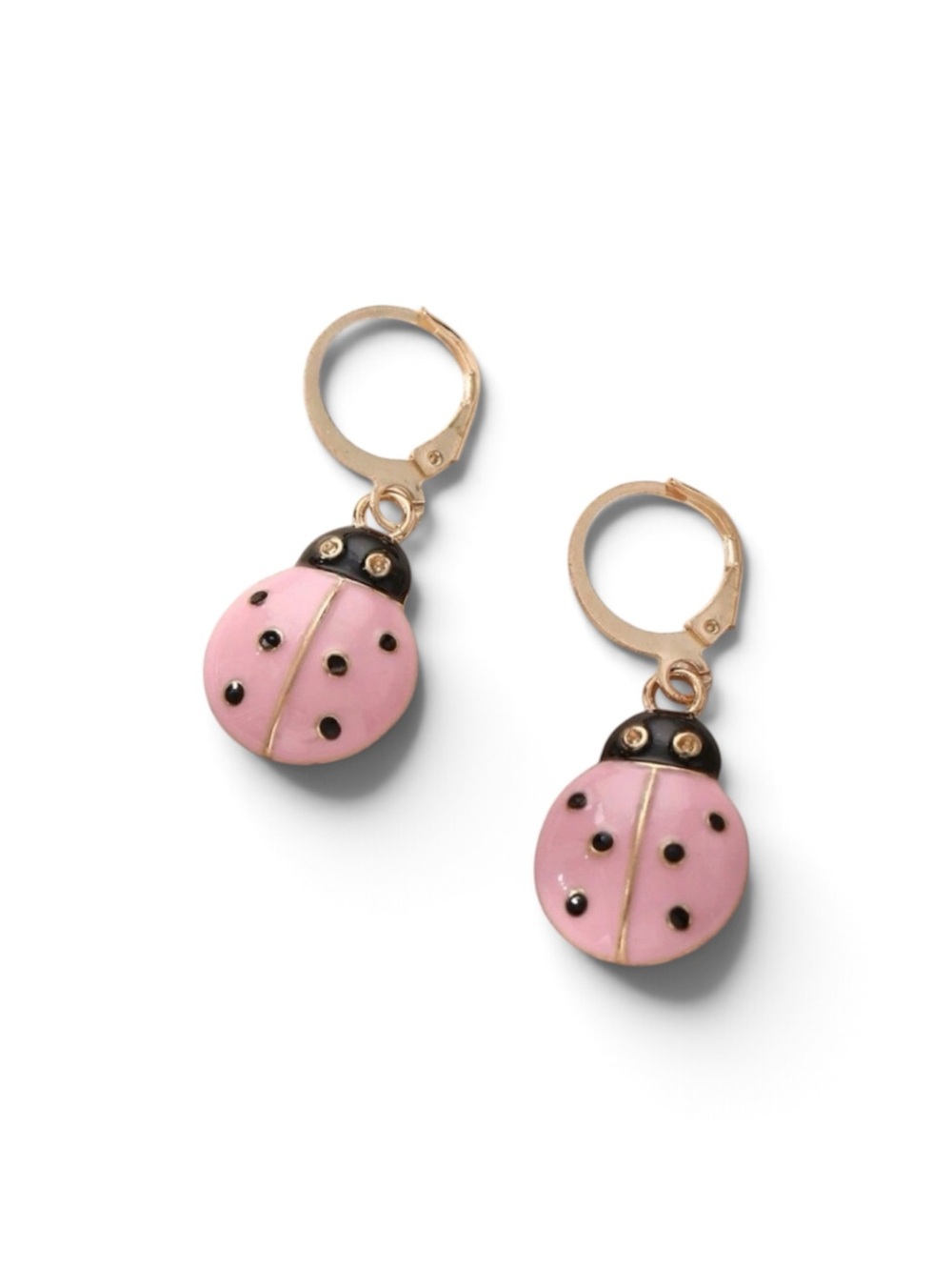 Pink And Black Lady Bug Dangle Huggie Hoop Earrings
